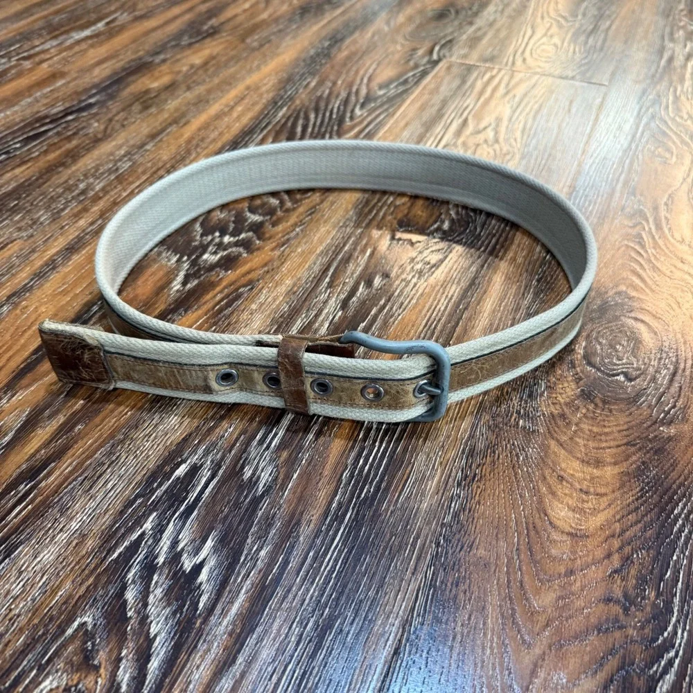Y2K Mens Canvas Leather Belt Khaki Brown Size 34